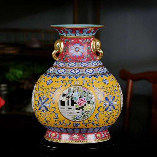 Chinese antique qing dynasty heavy famille rose porcelain vase for luxury collection