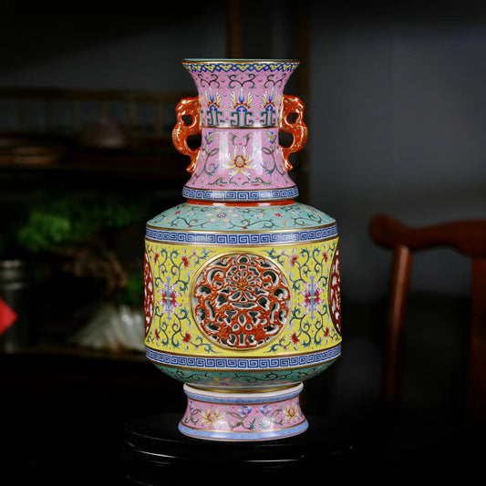 Chinese antique qing dynasty heavy famille rose porcelain vase for luxury collection